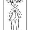 A cartoon goat standing confidently in a suit with a tie, featuring distinct facial expressions and ears, depicting a playful and professional character in a black and white outline for coloring.