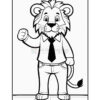 A cartoon lion character wearing a shirt and tie, standing with a raised fist, on a wooden floor, outlined for coloring.