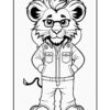 A cartoon lion character with glasses, styled hair, and wearing a button-up shirt with two chest pockets, standing confidently with hands on hips. The lion has a playful expression and wears casual shoes, with a tail visible in the background.