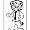 A cartoon lion character standing confidently with one hand on his hip, wearing a collared shirt, tie, and suspenders. The lion has a cheerful expression and a fluffy mane, and he is depicted in a black and white coloring book style.