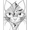 A black and white line art illustration of a cat's face, featuring geometric patterns and stylized features, including large eyes and pointed ears.
