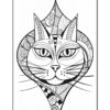 Black and white line art illustration of a cat's face, featuring intricate patterns and designs in the fur and surrounding area, with prominent whiskers and expressive eyes.