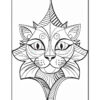 A black and white line art illustration of a stylized cat's face with intricate patterns and designs, featuring expressive eyes and detailed whiskers, set against a plain background.