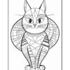 A black and white line drawing of a stylized cat with geometric patterns, featuring a rounded collar and decorative elements around its body.