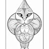 A stylized black and white line drawing of a cat with large, expressive eyes and a pointed hat, featuring intricate swirls and patterns on its body and face.