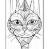 A black and white line drawing of a stylized cat's face, featuring large eyes, intricate patterns, and prominent ears, suitable for coloring.