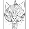 A black and white line drawing of a stylized cat face, featuring large, expressive eyes, pointed ears, and intricate geometric patterns throughout the face and whiskers.