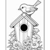 A black and white illustration of a birdhouse with a small bird perched on top, surrounded by flowers at the base. The birdhouse features vertical stripes and a circular entrance.