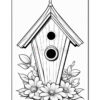 A black and white illustration of a birdhouse with two circular holes, surrounded by detailed flowers and leaves, set against a plain background.