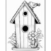 A line drawing of a birdhouse with a bird perched on the roof, surrounded by flowers at the base, featuring two circular openings on the front.