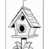 A black and white illustration of a birdhouse with a sloped roof, two circular openings on the front, and a rectangular base, surrounded by stylized leaves at the bottom.