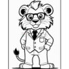 A cartoon lion character wearing glasses and a suit, standing with its hands on its hips, featuring a confident expression and a curled tail.