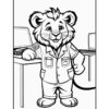 A cartoon lion character dressed in a button-up jacket with pockets, standing beside a table with computers. It has a friendly expression, with a watch on one paw, ready for a playful or educational moment.