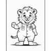 A cartoon lion character wearing a button-up shirt with pockets and overalls, standing upright and smiling with an open palm raised. The illustration is outlined in black and is designed for coloring.