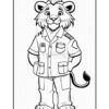 A cartoon lion character wearing a beige uniform with pockets, standing with its hands in its pockets, and sporting a friendly expression.