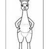A cartoon llama standing upright with its hands on its hips, featuring a cheerful expression, large ears, and distinct facial features. It is outlined in black, ready to be colored, against a plain white background.