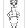 A cartoon llama character standing with hands on hips, wearing overalls and glasses, with a friendly expression. The outline is black and the background is white, suggesting it is a coloring page.