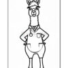 A cartoon llama dressed as a doctor, wearing a lab coat with a stethoscope around its neck, standing confidently with its hands on its hips, illustrated in a black outline style suitable for coloring.