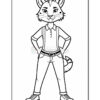 A cartoon fox character standing confidently with hands on hips, wearing a collared shirt and suspenders, paired with jeans and sneakers. The drawing is in black and white outline style, suitable for coloring.