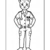 A cartoon cat character dressed as a doctor, wearing a medical coat with a stethoscope around its neck, hands on hips, and a confident expression, outlined in black and white for coloring.