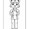 A cartoonish cat character wearing a medical uniform, light scrub top with pockets, and a stethoscope around the neck, standing with hands on hips and smiling.