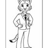 A cartoon lynx character in a suit with a confident stance, hands on hips, features prominent ears and facial markings typical of a lynx.