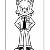 A cartoon character resembling a wolf, standing confidently with arms crossed. The character has messy fur, a pointed snout, and wears a lab coat, a tie, and formal pants with sneakers. The image is in black and white, outlined for coloring.