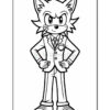 A cartoon fox character dressed in a suit and tie, standing confidently with arms crossed and a serious expression. The image is outlined for coloring.
