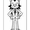 A cartoon character resembling a fox, standing confidently with arms crossed, dressed in a formal suit with a tie and shoes, featuring spiky hair and a sly expression, outlined for coloring.