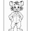 A cartoon tiger character standing confidently with hands on hips, wearing a button-up shirt and pants, showcasing a friendly expression with prominent stripes on its face and ears.