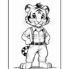 A cartoon tiger character stands confidently with hands on hips, wearing a collared shirt, suspenders, and pants. The tiger has a playful expression, large eyes, and distinctive stripes. It features a bushy tail with black and white rings.