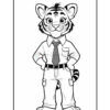 A cartoon tiger character standing upright, wearing a button-up shirt, tie, and pants, with a friendly expression. The tiger has striped features, big eyes, and a tail, adding a playful touch to the outfit.