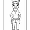 A cartoon llama character standing upright, wearing a button-up shirt and jeans, with hands on hips. The character has distinctive llama features, including long ears and a friendly expression. The illustration is outlined and intended for coloring.