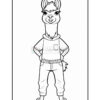 A cartoon llama standing confidently with its arms crossed, wearing a casual outfit that includes a button-up shirt and baggy pants. The llama has long eyelashes and styled fur on its head.