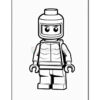 A black and white line drawing of a Lego astronaut figure, featuring a round helmet and a suit with details for the torso and arms, standing in a neutral pose on a plain background.