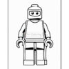 A black and white outline illustration of a LEGO-style humanoid figure, featuring a round head and a rectangular body with arms and legs. The figure is depicted in a standing position, with a simple design suitable for coloring.