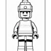 A black and white illustration of a LEGO-style minifigure, featuring a round helmet, a smiling face, and a simple torso design with stripes. The figure is standing upright against a plain white background.