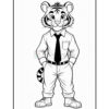 A cartoon tiger character dressed in a button-up shirt, tie, and pants, standing with hands in pockets, featuring distinct striped fur and a playful expression.
