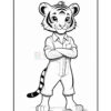 A cartoon tiger character standing confidently with arms crossed, wearing a shirt and overalls, featuring distinct striped fur and a friendly expression.