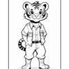 A cartoon tiger character wearing a button-up shirt and shorts, standing upright with a friendly expression, hands on its hips. The tiger has distinct stripes and a tufted hairstyle, with a long tail visible behind it.