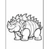 A cartoon dinosaur character with spiky back and a wide grin, showing a playful expression with thick legs and a round body, outlined for coloring.