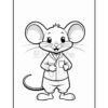 A cartoon mouse character standing upright, wearing a buttoned shirt and pants, with large ears and a cheerful expression, designed for coloring.
