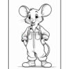 A cartoon mouse character wearing overalls and sneakers, standing with hands on hips and a cheerful expression.
