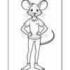 A cartoon mouse character stands with hands on hips, wearing a short-sleeved polo shirt and pants. The mouse has large ears, a friendly expression, and a long tail.