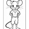 A cartoon mouse standing with hands on its hips, wearing a short-sleeved shirt and baggy pants, with large ears and a cheerful expression. The image is outlined in black and is designed for coloring.