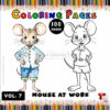 A coloring book cover featuring two cartoon mice dressed in casual clothing. The left mouse has brown fur and is wearing a light blue shirt with rolled-up sleeves and shorts, while the right mouse has grayish-white fur and is wearing a similar outfit with a short-sleeved shirt and shorts. The title 'MOUSE at WORK' is prominently displayed at the top, along with 'COLORING PAGES' and '100 PAGES' in colorful letters, set against a background of colored pencils.