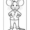 A cartoon mouse character standing confidently with hands on hips, wearing a buttoned shirt and pants, featuring large ears and a long tail.
