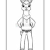 A cartoon llama character standing confidently, wearing a scarf, a button-up shirt with suspenders, and trousers. The llama has a cheerful expression with large eyes and stylized fur.