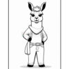 A cartoon llama character standing confidently with its hands on its hips, wearing a scarf and casual clothing, including a belt and jeans. The image is in black and white, highlighting the character's expressive face and outfit.