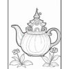 A whimsical teapot shaped like a house, featuring a steeply pitched roof and small windows, surrounded by flowers on either side. The teapot has a large handle and spout, and the design is outlined for coloring.